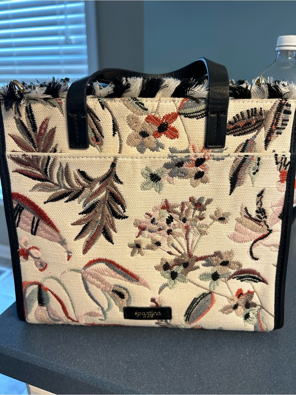 Spartina 449 Cream Floral Embroidered Tote with Black Trim
